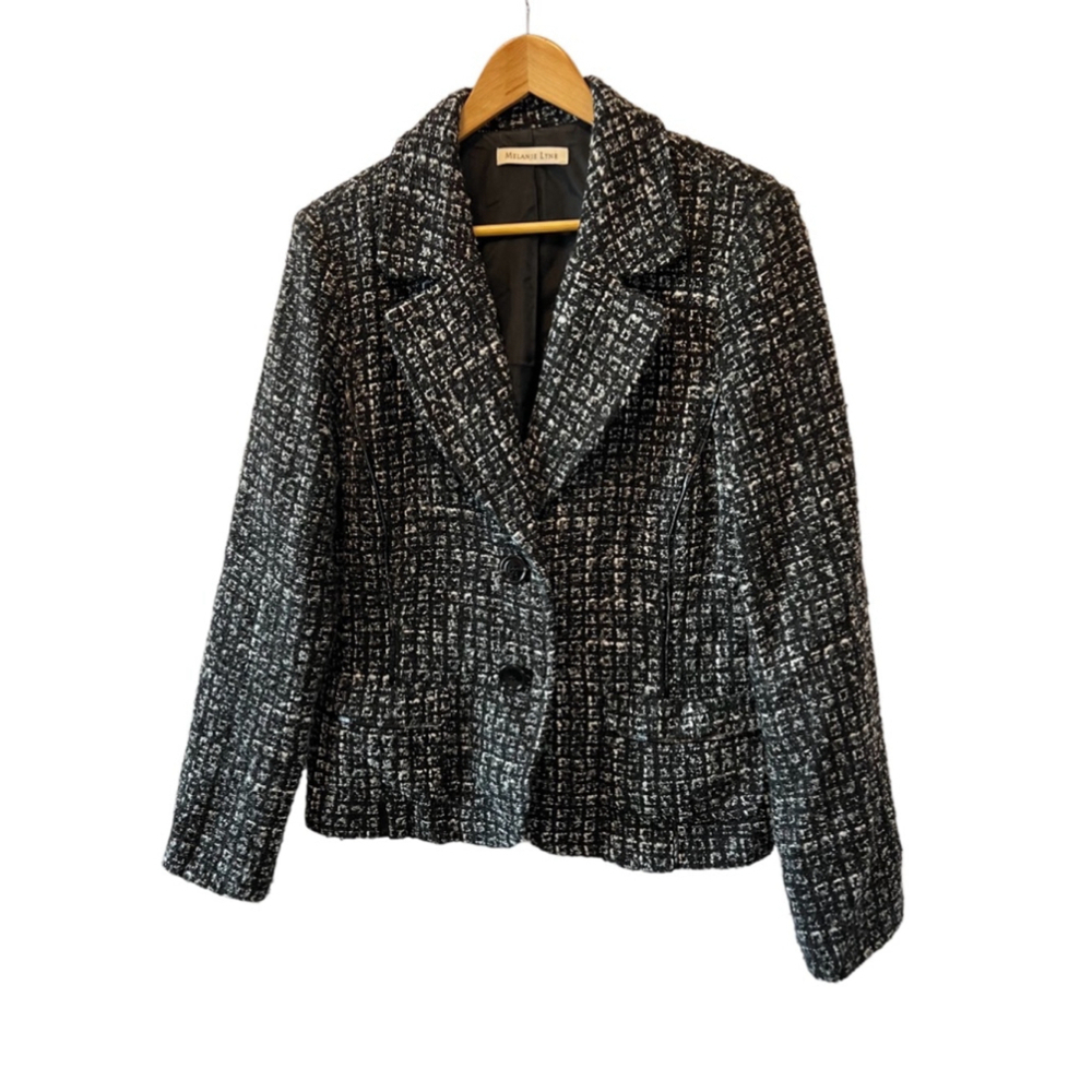 MELANIE LYNE Wool Blend Tweed Black & Grey Faux Leather Piping Blazer